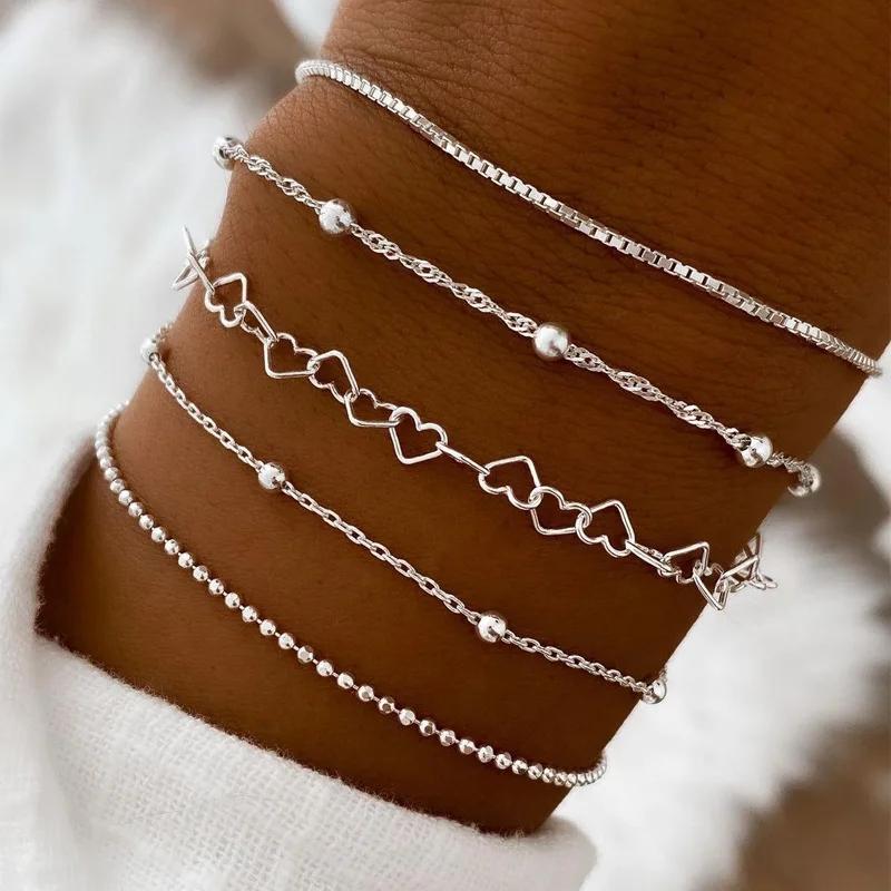 5 Piece Stainless Steel Heart Bead Multi-Layer Bracelet Set, Stackable Bracelets, Unisex Accessory, Perfect for Daily Wear, Work, and Parties 5 Piece Stainless Steel Heart Bead Multi-Layer Bracelet Set, Stackable Bracelets, Unisex Accessory, Perfect for Daily Wear, Work, and Parties