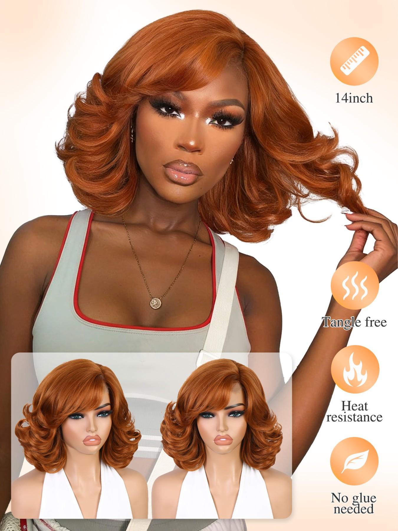 Short Curly Bob Wig with Bangs Layered Yaki Wavy Synthetic Heat Resistant Curly Bob Wig with Bangs, Yaki Wavy Short Shoulder Length  main image 4