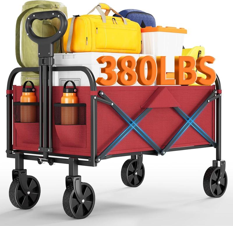 Foldable GarveeLife Multi-Purpose Trolley with All-Terrain Wheels, Drink Holders and Adjustable Grip, 172 kg, Portable Food Trolley for Shopping, Camping, Garden, Car Travel Accessories Black