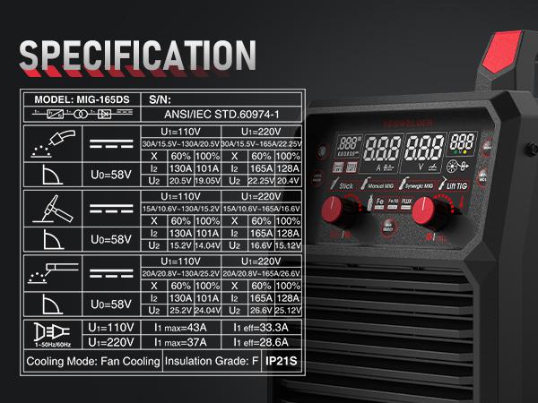 YESWELDER 165Amp 110/220V Gas Gasless MIG Welder MIG-165DS-PRO | Flux Core/MIG/Lift TIG/Stick 4-in-1 Welding Machine | Digital Display & Synergic Control