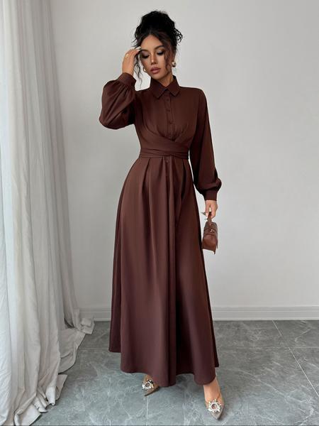 Women's Elegant Long Sleeve Dress, Plain Woven Fabric, Fall Fashion, Fitted Design, Thin Material, Stylish & Comfortable
