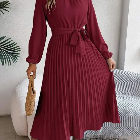 Women's Elegant Chic Formal Long Sleeve Belted Pleated Dress, Evening Party Dresses Spring & Fall Fitted Plain Design, Middle East Style Maid of Honor Gown Womenswear