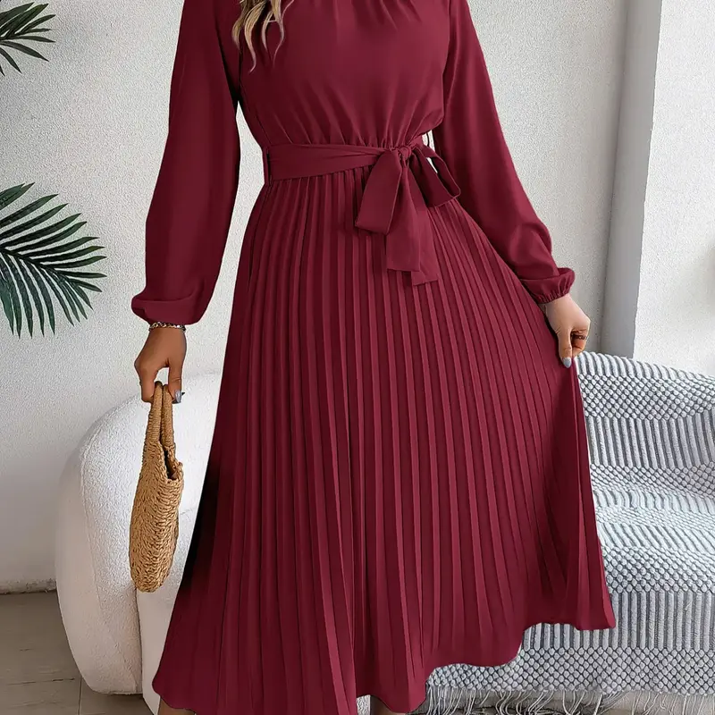 Women's Elegant Chic Formal Long Sleeve Belted Pleated Dress, Evening Party Dresses Spring & Fall Fitted Plain Design, Middle East Style Maid of Honor Gown Womenswear