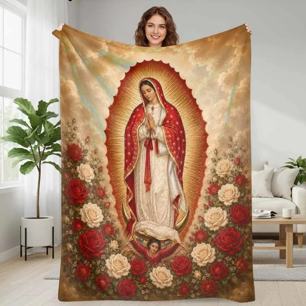 Virgin Mary Flannel Blanket Guadalupe Floral Print Soft Cozy Lightweight Warm Plush Throw for Sofa Bedroom Prayer Room