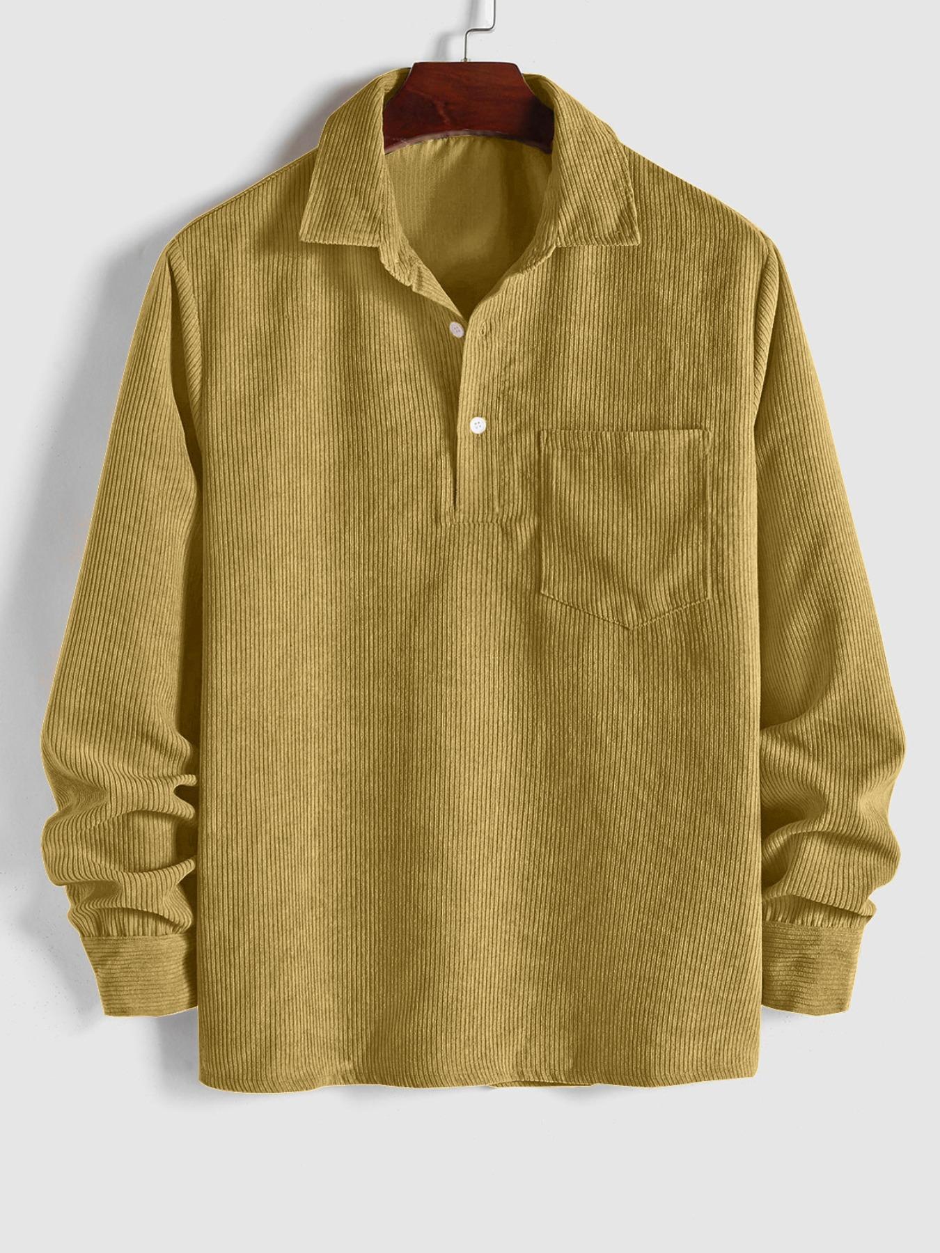 Men's Plain Pocket Half Button Corduroy Shirt, Casual Comfy Regular Fit Long Sleeve Collared Top For Fall & Winter, Men's Clothes For Daily Wear