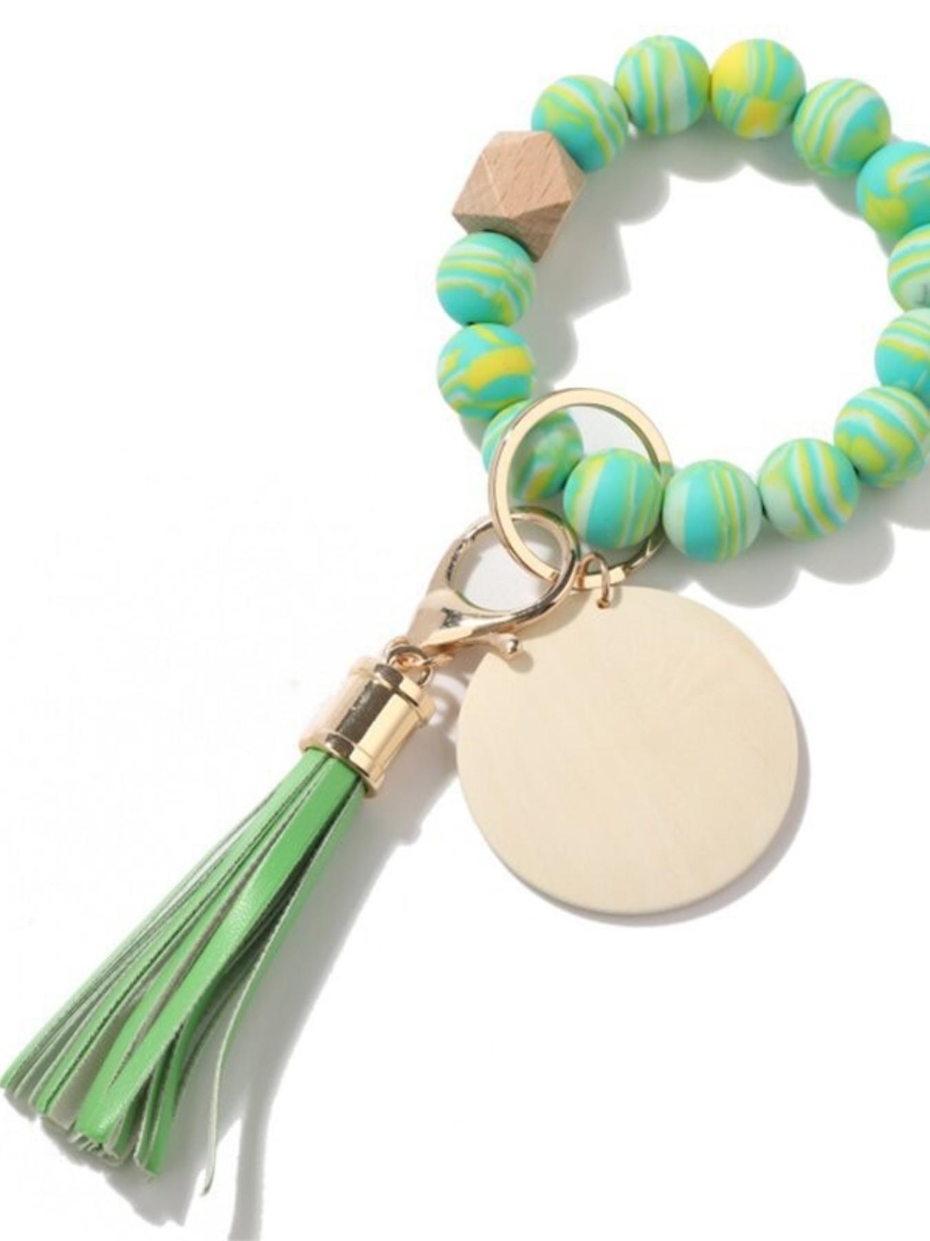 Women's Leopard Print Silicone Bead Wood Bead Tassel Bracelet Keychain, Printed Silicone Bead Wood Slice Wrist Keychain Logo Wooden Plate