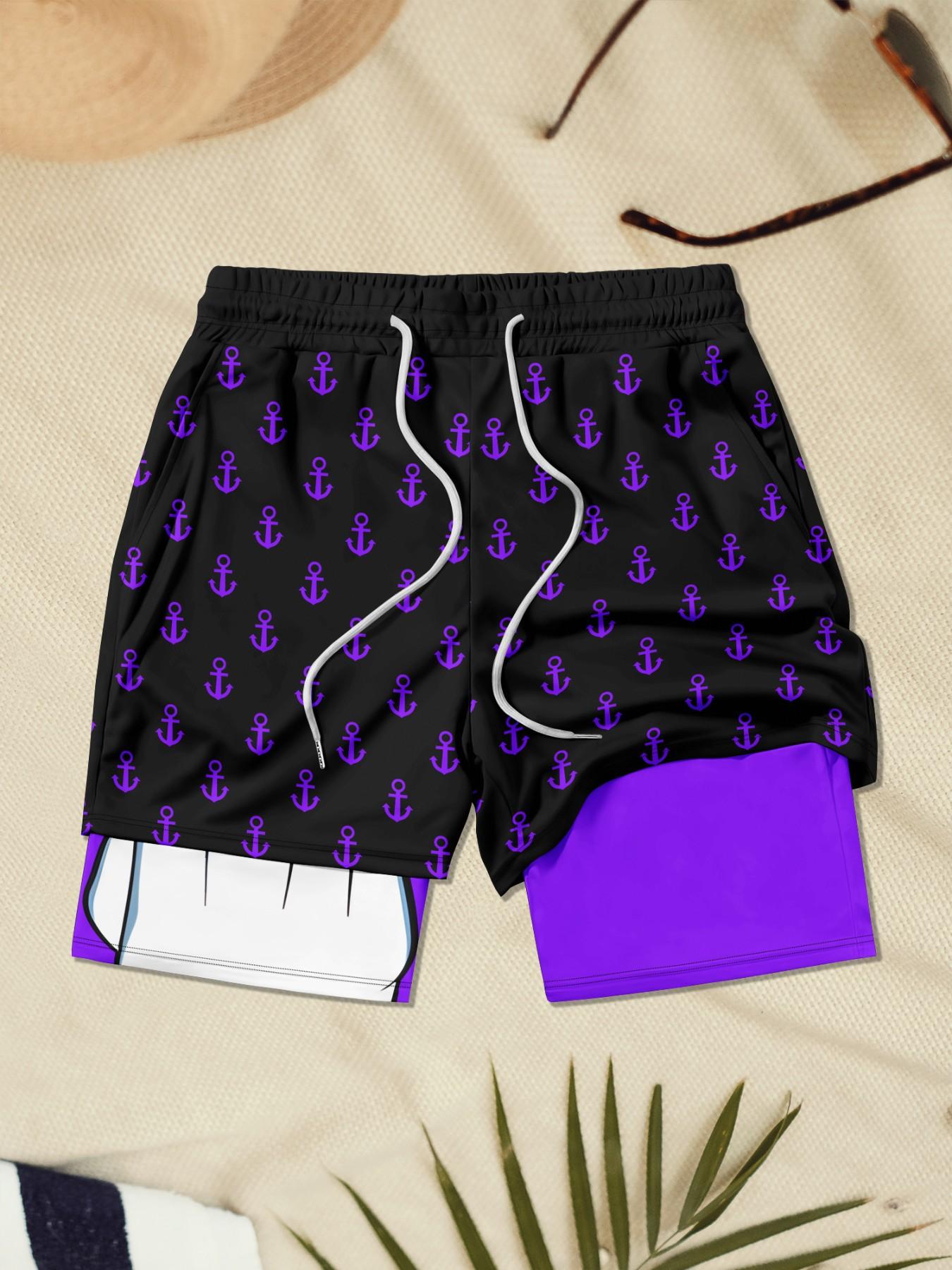 Men's 2-in-1 Quick-Dry Beach Shorts, Swimwear Shorts, Printed Swim Trunks, Cool Cartoon Duck & Anchor Print Drawstring Casual Summer Swim Trunks, Swimsuit Shorts for Vacation #GLOBAL PICKS