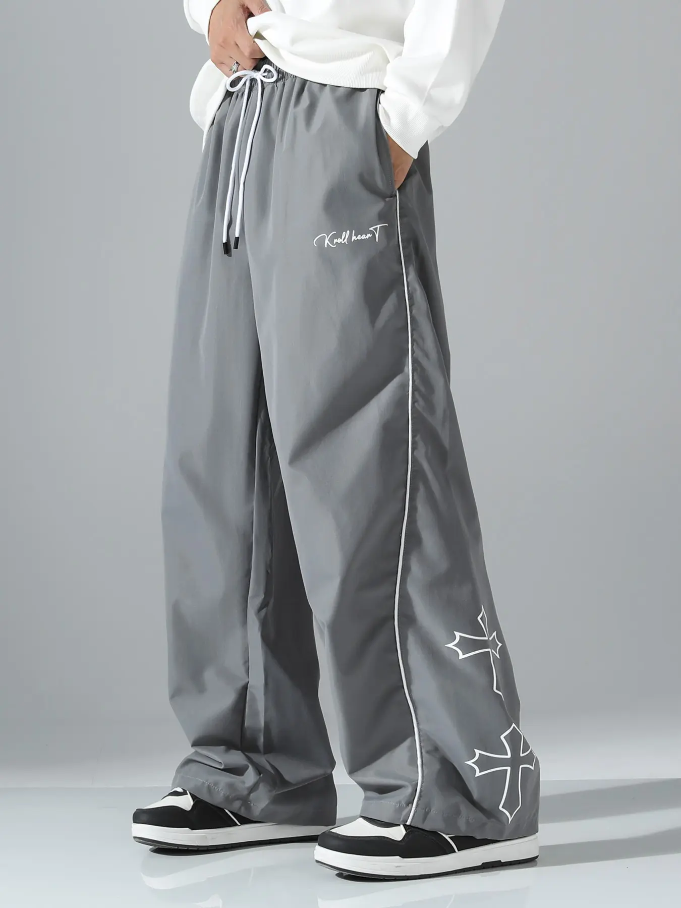Men's Cross Print Wide Leg Casual Long Pants, Side Seam Drawstring Loose Fit Straight Streetwear, Ankle Length Mid Waist Trousers