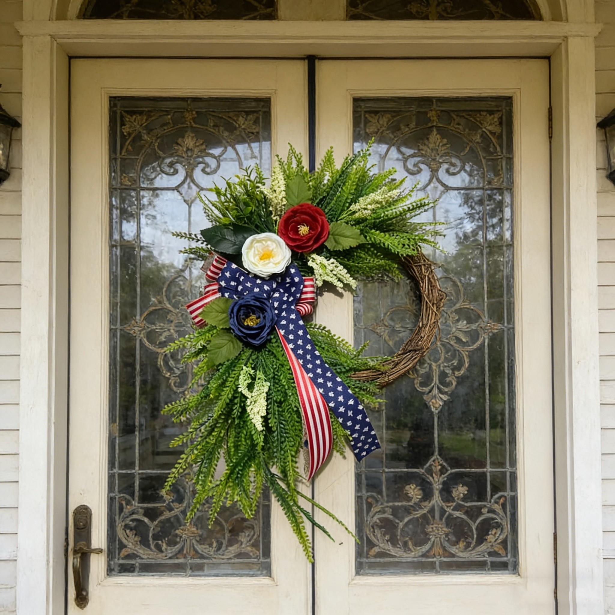 Elegant Patriotic Wreath Decor, Blue Floral Design with American Flag Bow, Memorial Day and Veterans Day Porch Decoration