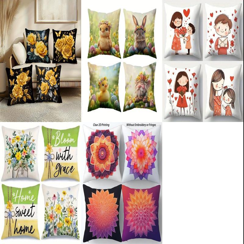 4PC, 2D flat printing, single-sided printing, multiple sizes. Black Cushion Cover with Yellow Roses and Butterflies Made of polyester fiber, machine washable. Suitable for indoor and outdoor decoration (pillow insert not included, not embroidered).