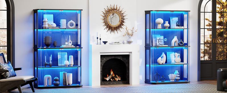 BROTTAR Large Display Cabinet with Glass Door, 4-Tier Curio Cabinet with 3 Color Lights for Collectibles, Glass Display Case with Transparent Full-Display Surface, Human Body Sensor, Black/White BROTTAR Large Display Cabinet with Glass Door, 4-Tier Curio Cabinet with 3 Color Lights for Collectibles, Glass Display Case with Transparent Full-Display Surface, Human Body Sensor, Black/White