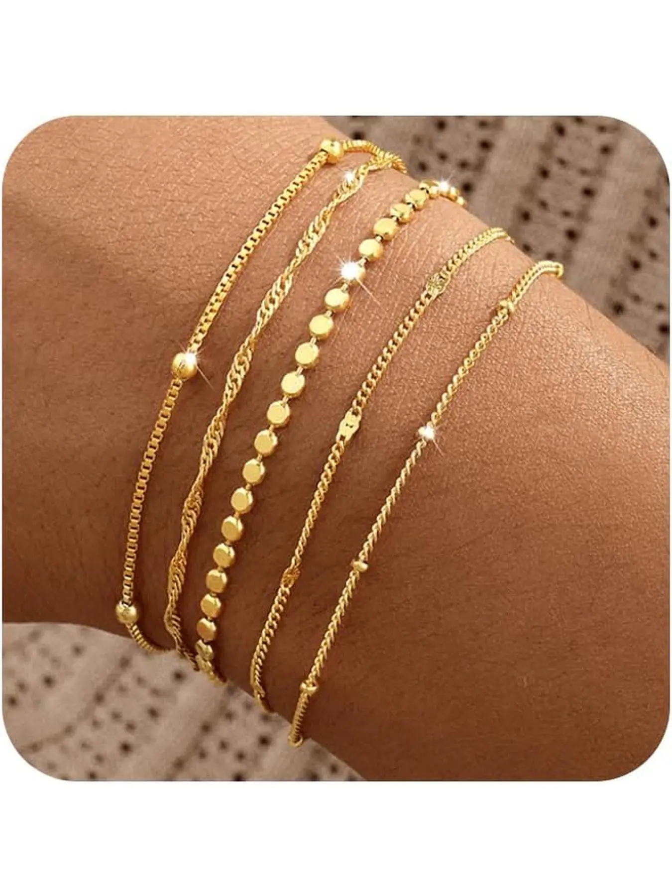 Sets of 5 Golden Bracelets for Women, Golden Stackable Bracelet Stack Set Adjustable Charm Paperclip Chain Snake Link Layered Jewelry Sets Gifts