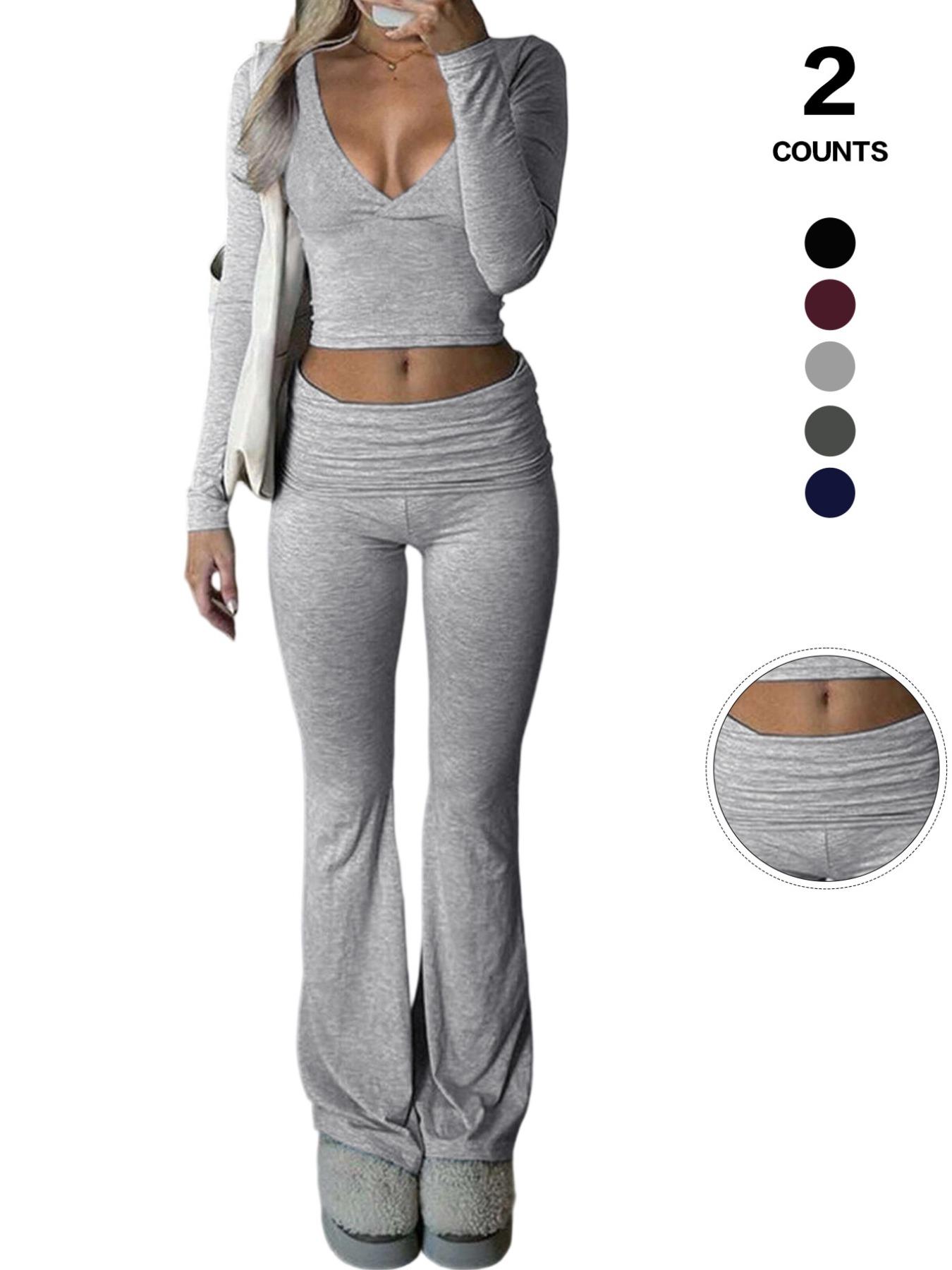 Women's 2 Piece Matching Set Long Sleeve Deep V Neck Crop Top and Foldover Flare Leggings Yoga Outfit,Women's 2 Piece Matching Set Long Sleeve Deep V Neck Crop Top and Foldover Flare Leggings Yoga Outfit Yoga Bottoms,Airport Outfit, Flare Leg Sports