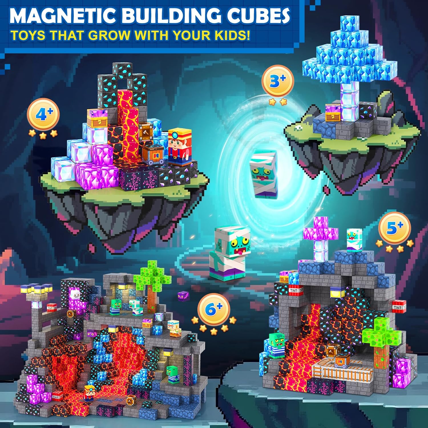 Magnetic Building Blocks-100PCS with Drawstring Bag STEM Montessori Children Sensory Toys Build Mine Magnet World Gift Set