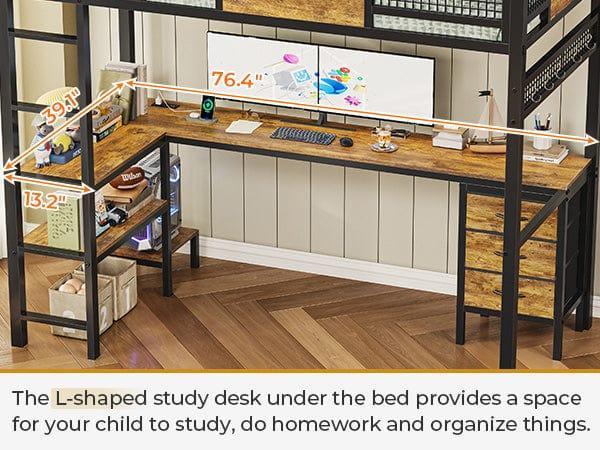 Twin Size Loft Bed Frame with L-Shaped Desk Black