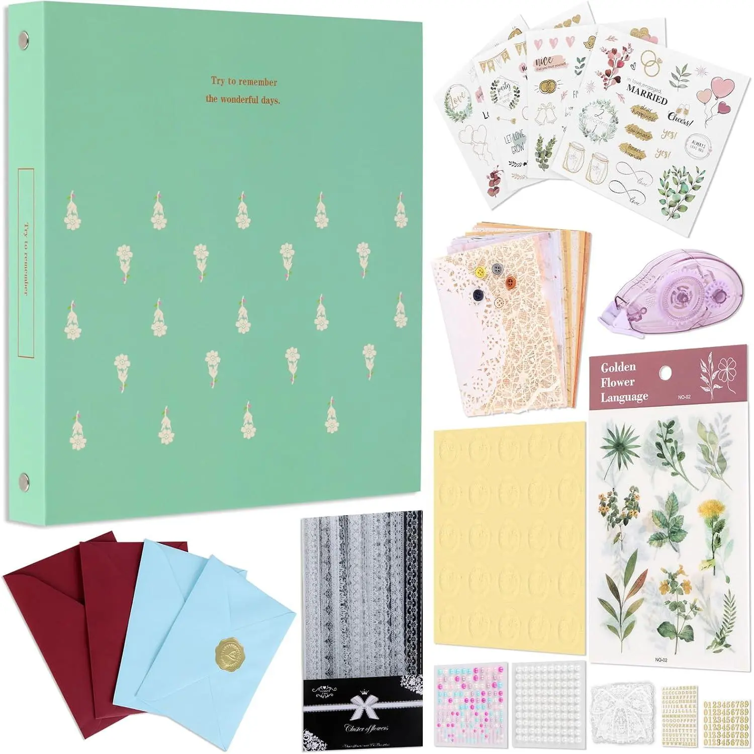 Wedding Scrapbook Kit – Self-Adhesive Pages, No Glue, Flat Lay |   Coil-Bound Memory Book & Photo Album for Weddings, Birthdays & Travel – Complete DIY Kit with Stickers & Letters