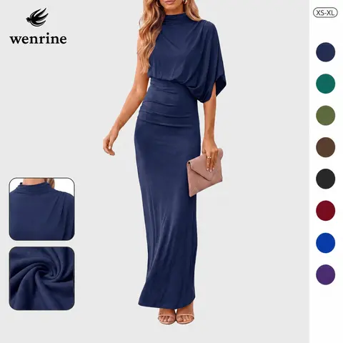 Wenrine Chic Women's Formal Bodycon Maxi Dress - High Neck, Asymmetrical Sleeveless Cape, Invisible Zipper, Gathered Detail, Smooth Seamless Fabric, Cocktail Evening Wedding Guest Dress