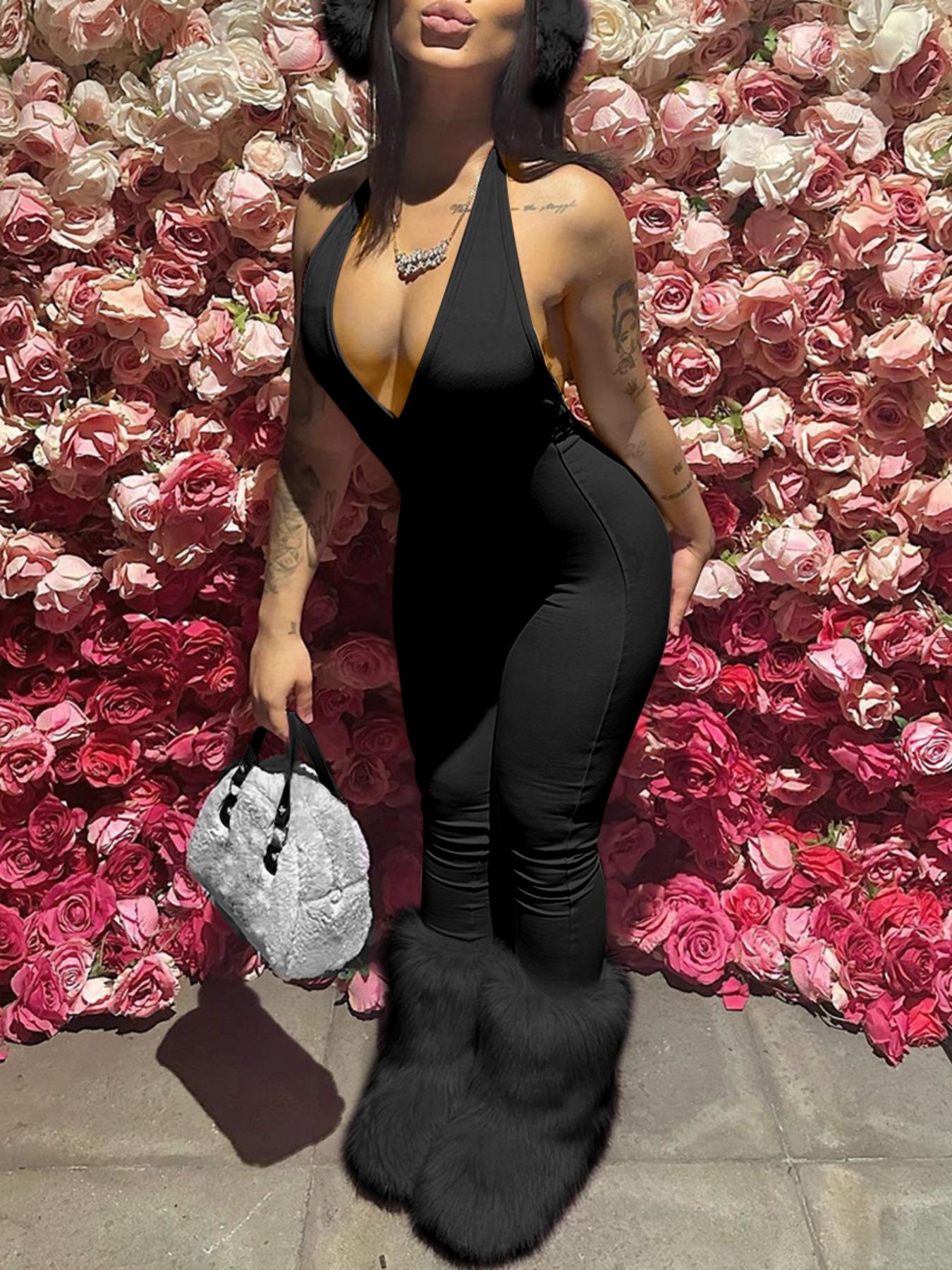 Women's Sexy Backless Halter Neck Party Romper, Sleeveless High Waist Butt Lifting Jumpsuit, Slim-Fitting Long Pants, All Seasons Fashion Overalls