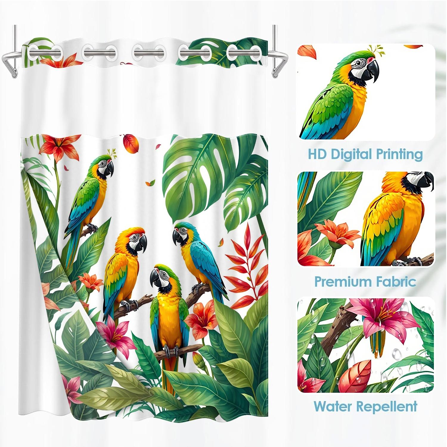 1PC double-layer large ring shower curtain, four parrots inhabit tropical plants, shower curtain, high-end quick drying hanging curtain, bathroom, curtain, waterproof, mildew proof curtain