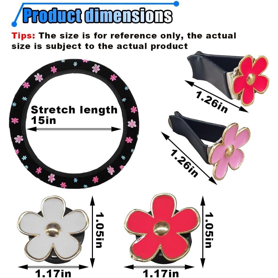Cute Embroidery Flower Steering Wheel Cover, Non-Slip Floral Steering Wheel Protector with 4 count   Air Vent Clips,   Interior Decorations for Women Girls