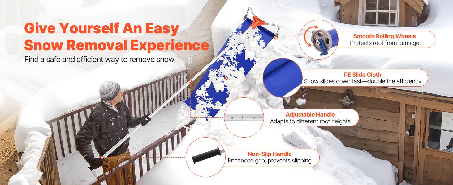 VEVORSnowRoofRake, 17inAluminumBlade, 4.1-17.2ftAdjustableRoofSnowScraperwithWheelsSlide, LightweightSnowsRemovalToolforHouseRooftopLeavesDebrisClearing