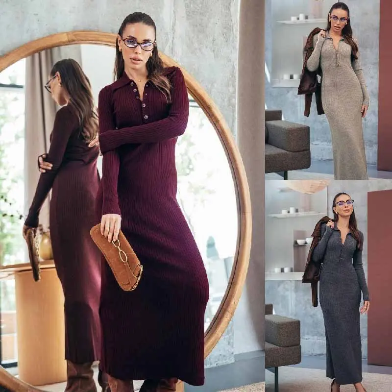 Women's Ribbed Knit Long Sleeve Polo Collar Slim Fit Long Dress