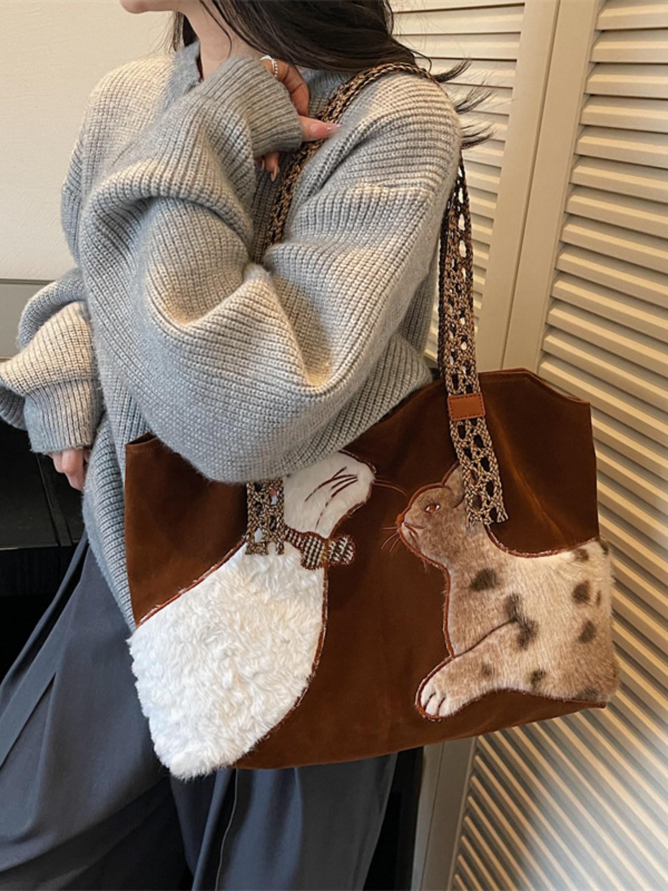 High-End Fashion Tote Bag, Cute Cartoon Shoulder Commuter Bag, Korean Style Elegant Vintage Bag, Trendy Handbag for Daily Use