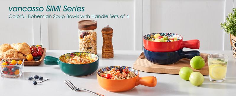 vancasso Soup Bowls with Handles, 23 Oz French Onion Soup Bowls Oven Safe, Bohemian Ceramic Soup Crocks for Cereal, Pasta, Beef Stew, Chilli, Microwave Dishwasher Safe-6.2 inch, Set of 4