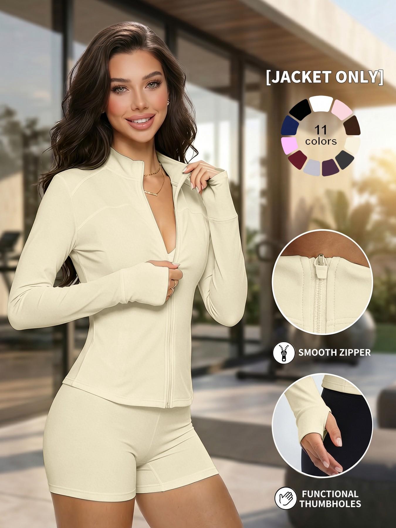 Women's Plain Zipper Yoga Top, Sporty Slim-Fit UV-Protective Jacket, V-Neck Long Sleeve, Spring Summer Outdoor Gym Wear, Activewear