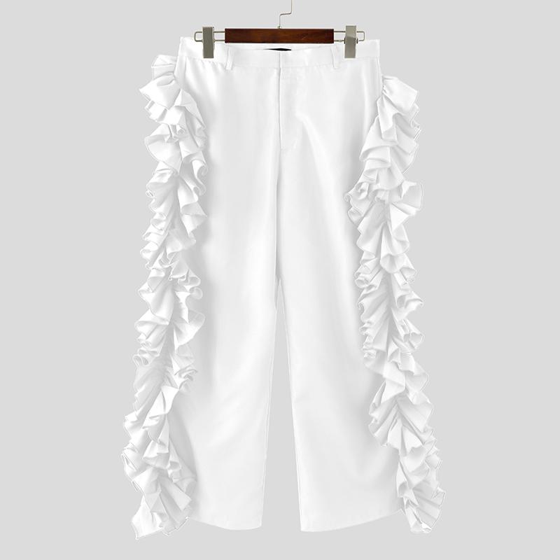 INCERUN Mens High Waist Zipper Ruffles Holiday Party Casual Loose Bottoms Wide Leg Trousers Long Pants