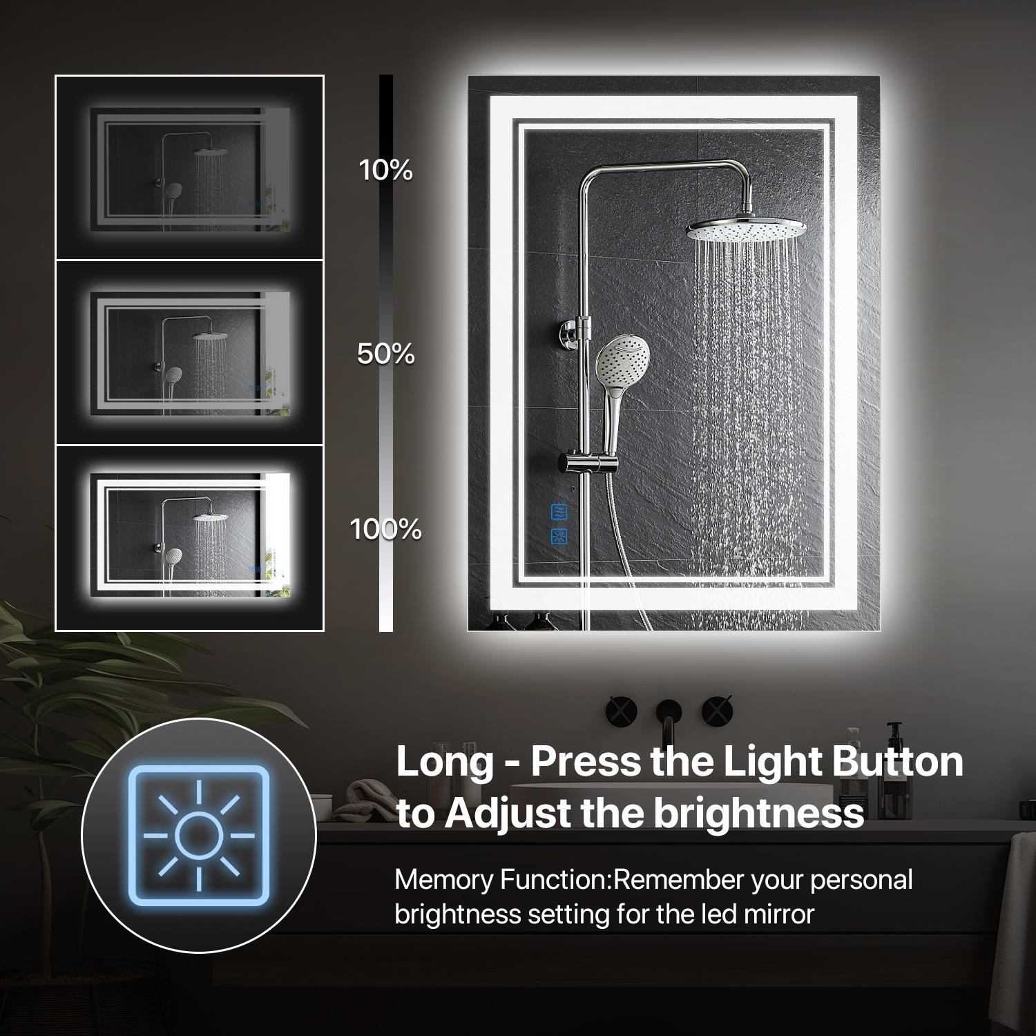 GLITGATE LED Bathroom Mirror Lights, Dimmable Bathroom Mirror with Touch Control, Over Sink Bathroom Mirror with Tempered Glass, 3-Color Options, Wall Mounted, Defogging&Memory Timing Function, Closets, Hallways,Barber Shop