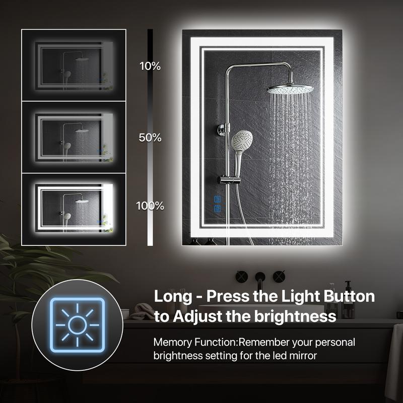 GLITGATE LED Bathroom Mirror Lights, Dimmable Bathroom Mirror with Touch Control, Over Sink Bathroom Mirror with Tempered Glass, 3-Color Options, Wall Mounted, Defogging&Memory Timing Function, Closets, Hallways,Barber Shop