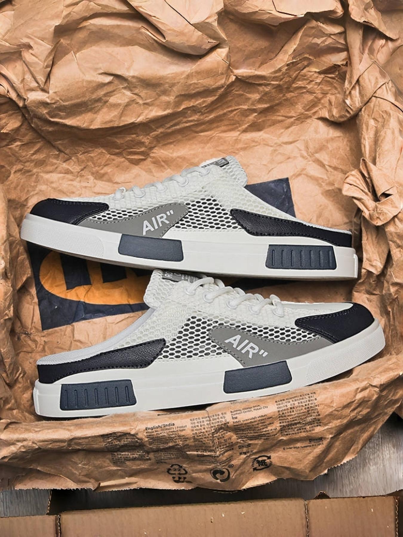 1 Pair Men's Large Size Trendy Color-Block Mule Slippers, Breathable Hollow Mesh Fabric, Anti-Slip Texture, Convenient Laces, Slip-On Casual Shoes for Students