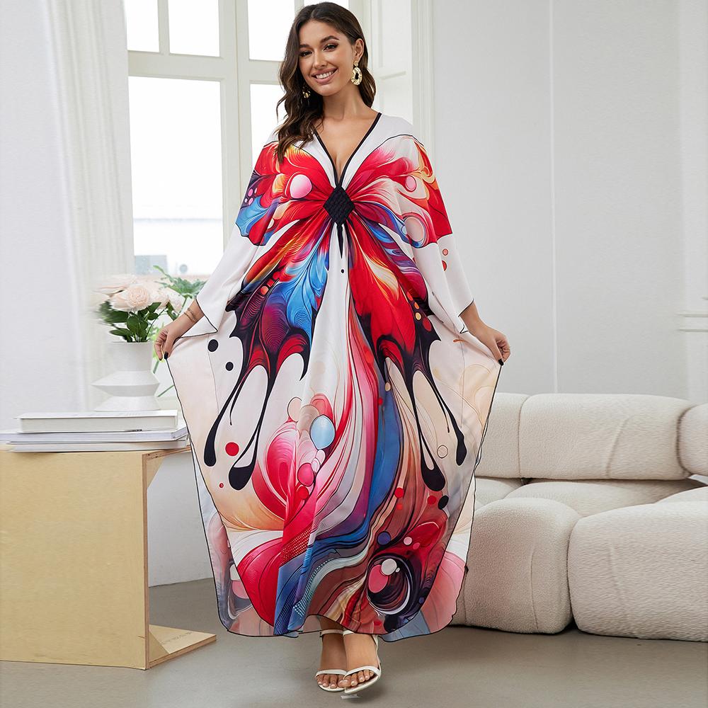 Bsubseach Women Ethnic Print Kaftan Dress ，Plus Size All Over Print  Sleeve TunicDress, Boho Casual V Neck 3/4 Sleeve TunicDress for Women, Women's Plus Cover Up,Mrs. Roper Kaftan ，bubu，mumu，Casual Womenswear Summer Bohemian Tangerine Hibiscus