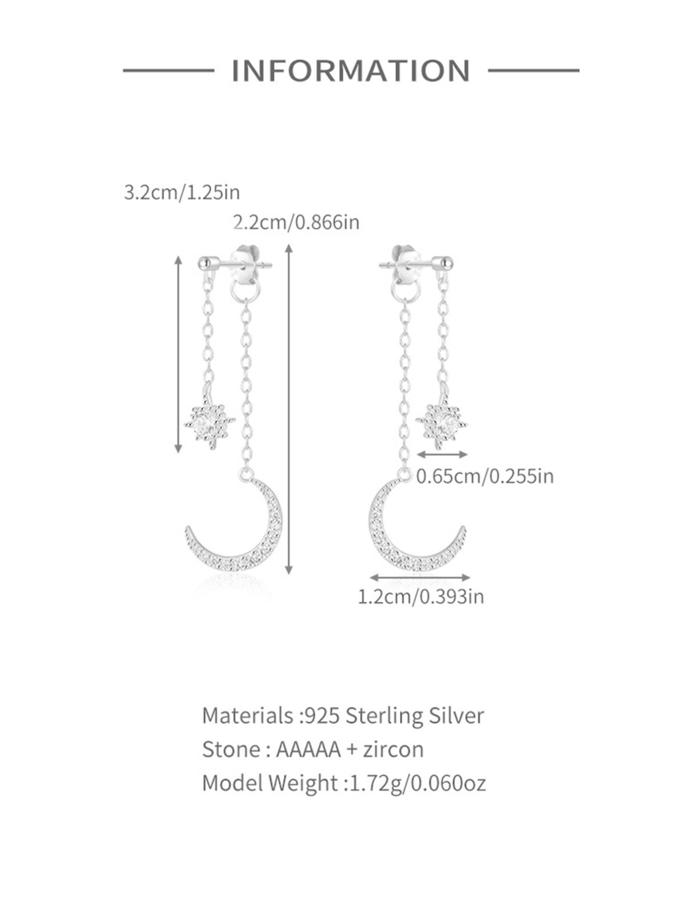 1Pair 925 Sterling Silver Classic Stars And Moon Cubic Zirconia Stud Earrings Hypoallergenic Cartilage Helix Tragus Lobe Piercing Jewelry Suitable For Women For Daily, Dates, Vacation, Wedding, Party, Holiday Gift