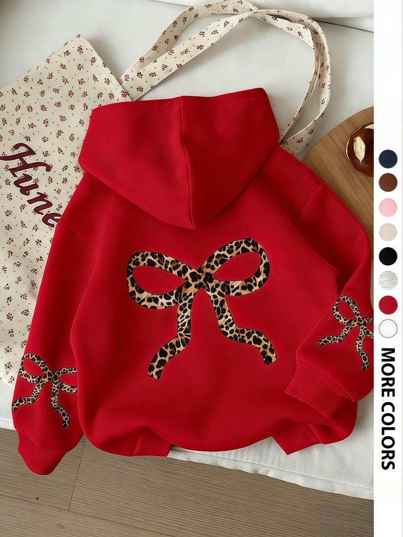 Women's Vintage Leopard Bow Design Hoodie, Casual Long Sleeve Sweatshirt, Fall & Winter Clothing, Daily Wear
