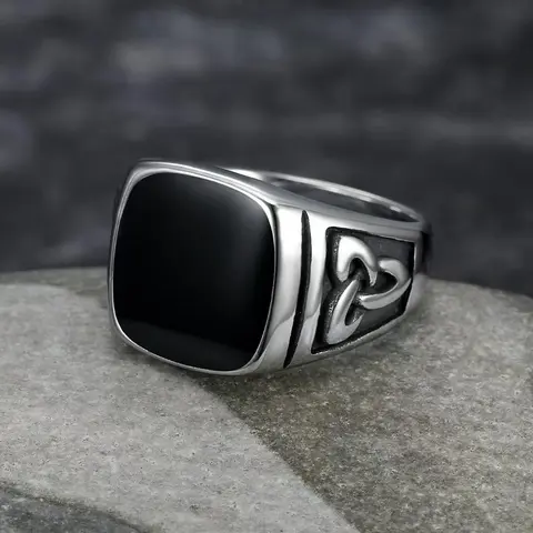 Men's Viking Celtic Knot Gunmetal Stainless Steel Ring - Square Geometric Band, Fashion Rings, Finger Jewelry, Casual Male Accessory, Sizes 7-14