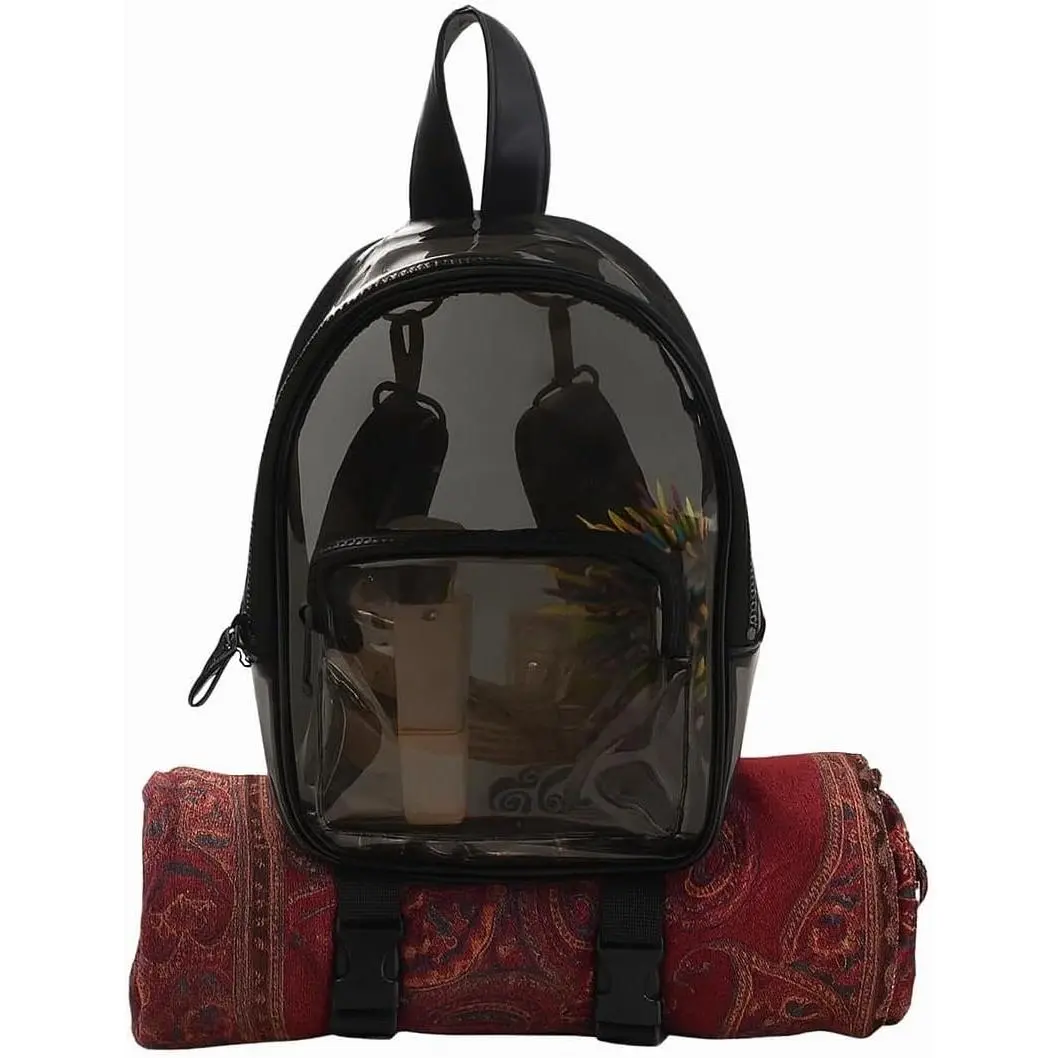 Anti-Theft Black Clear Transparent Small Mini Backpack Convertible Straps Crossbody for Raves Stadium Festival Concert (Mini w Strap - Black)