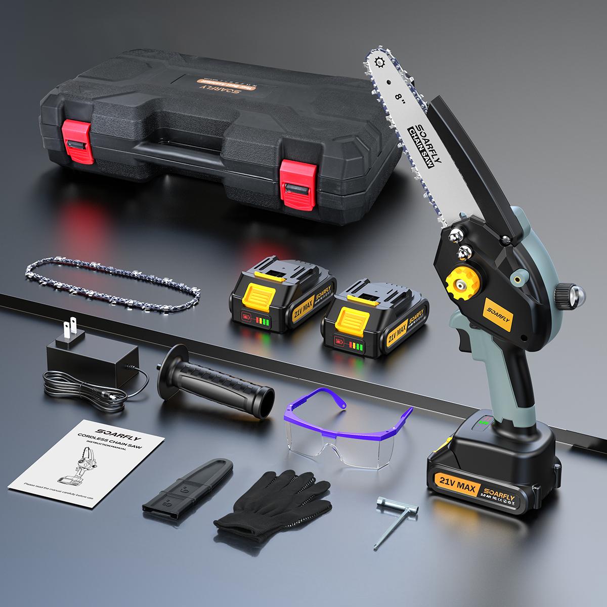 SOARFLY 8 inch Mini Chainsaw, Brushless Chainsaw With Auto Oiler, 2 × 2000mAh Batteries, For Tree, Wood, Lightweight Suitable For Men And Women