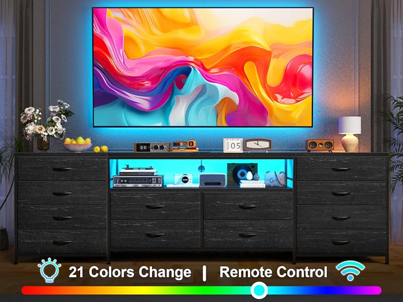 Raybee Furniture Fits 75" TV Stand Dresser for 65 70 75 Inch TV 63"W Dresser TV Stand for Bedroom with LED Lights & Power Outlets & 12 Drawers Dresser for Bedroom Long Fabric Dresser Entertainment Center