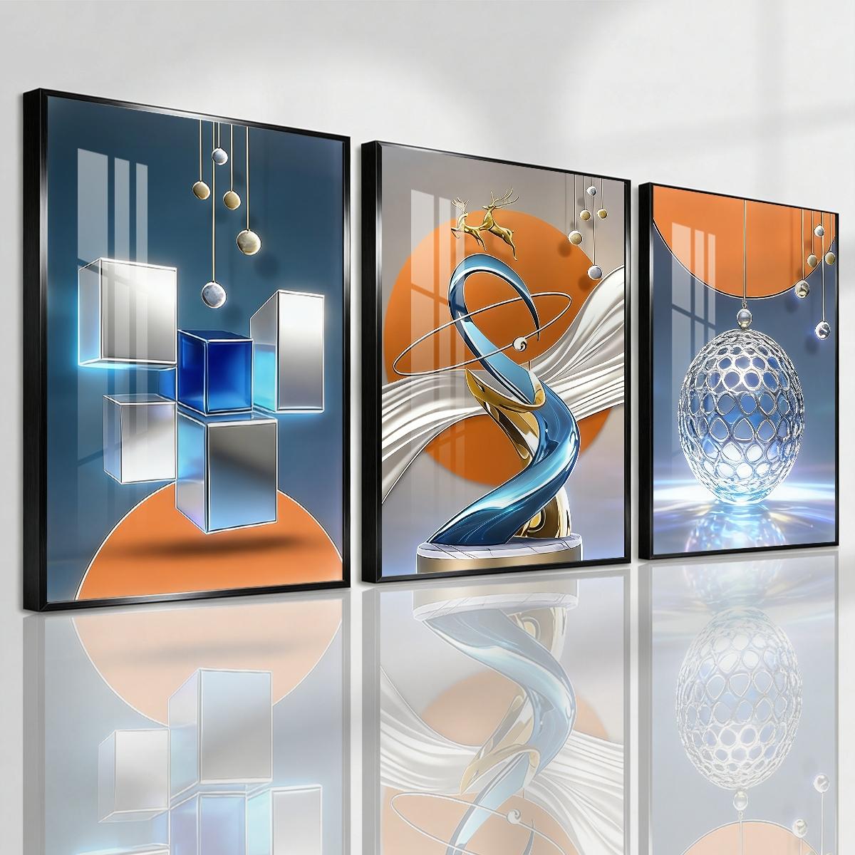 3 Counts Aluminum Alloy Framed Painting, Modern Abstract Geometric Sphere And Cube Art, Home Decoration For Living Room, Bedroom, Office, Restaurant, Hallway Wall Decor, Odorless Print Artwork, Luxury Perfect Gift For Friends And Family