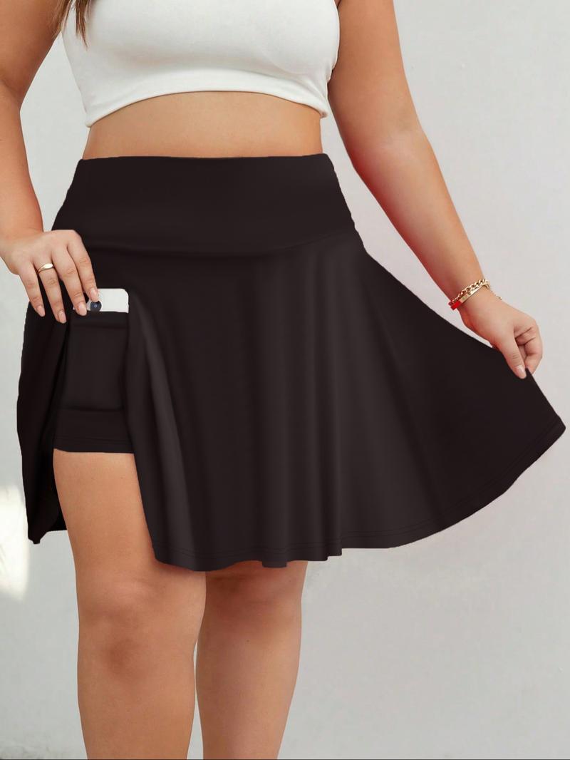 【Plus Size】 Solid / Ditsy Floral Print Pocket Design Skort, Fashion Casual Cute 2 in 1 Short Skirt for Daily Outdoor Wear, Women Plus Clothing for Summer，napkin skirts