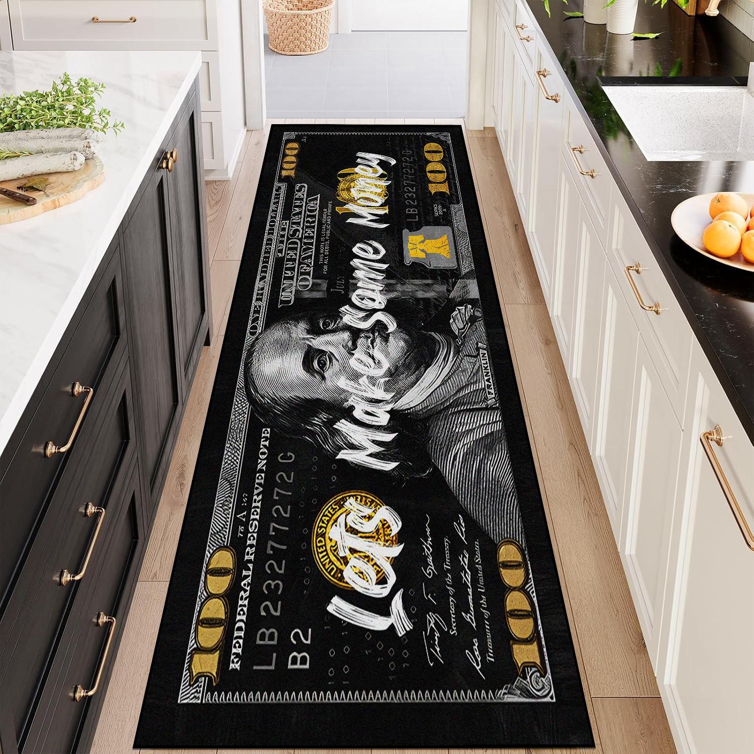 Dollar Bill Pattern Carpet, Soft Comfortable Rug, Home Decor Rugs, Bedroom Bedside Long Strip Mat, Creative Personalized Entrance Rug, Suitable for Living Room, Hallway, Kitchen, Balcony, Laundry Room