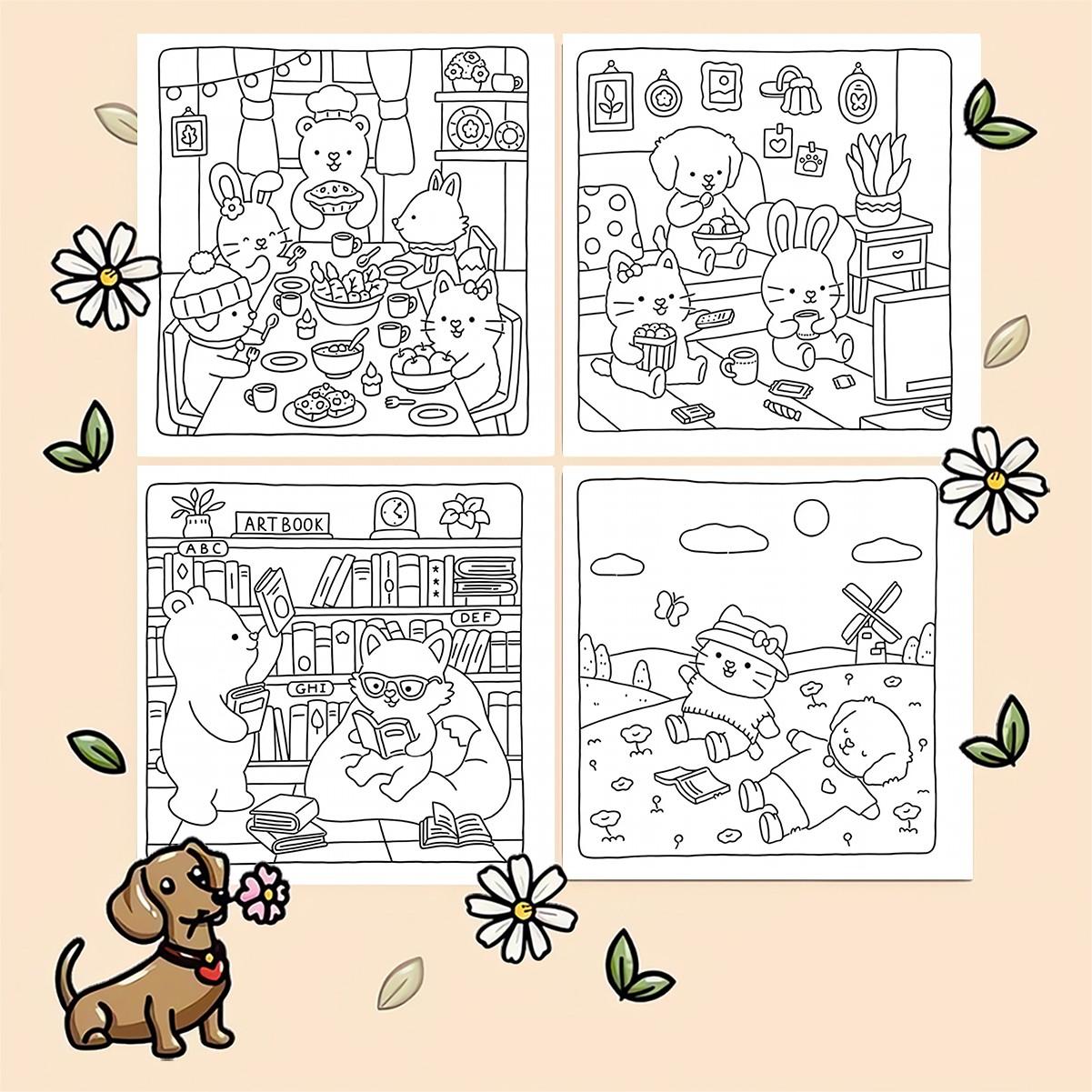 Cute Kawaii Fuzzy Hygge Coloring Book, Bold & Easy for Kids & Adults, 22 Pages 120gsm No Bleed Thick Paper, Odorless Glue Binding, Stress Relief