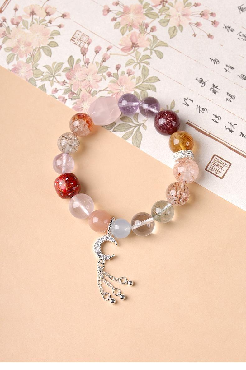 [Multi Treasure Crystal] crystal bracelet, black gold super seven green phantom white crystal blue chalcedony sunstone rose quartz amethyst, unisex, daily wear gift, 10mm beads natural stone, all round good luck symbol