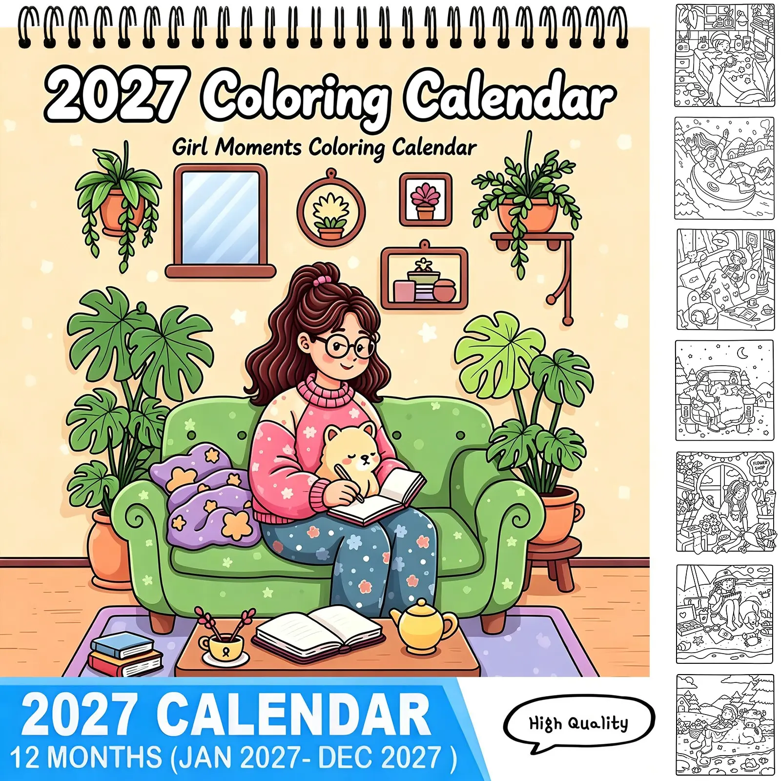2027 Girl Moments DIY Coloring Calendar, Self-Care Adult Coloring Book, Activity Book, 12-Month Stress-Relief Handcraft Art, Gift for Girls & Women, New Year Gift, Coloring Page Calendar