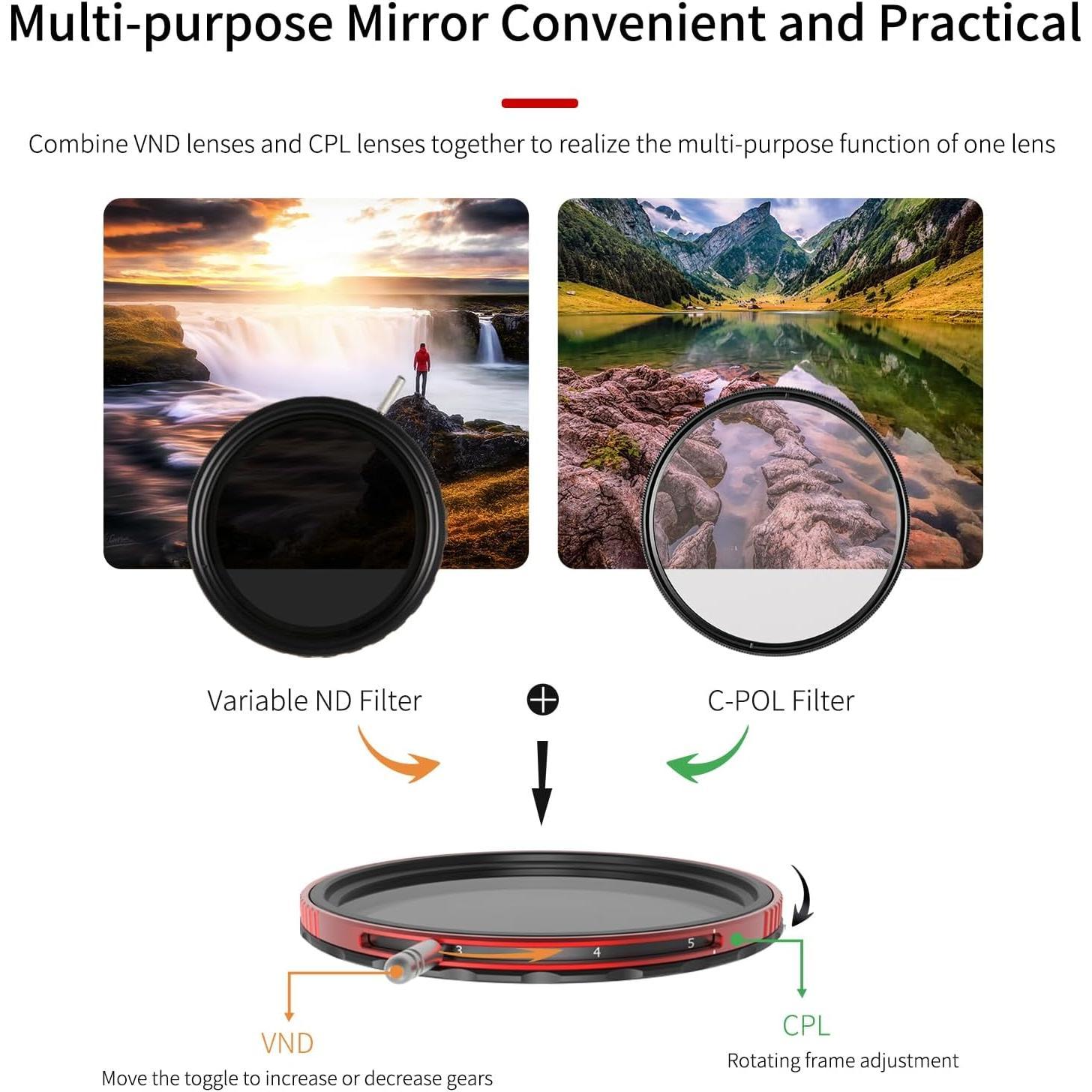 77mm Combo CPL/VND Filter Pro II Multi-Coating Circular Polarizer + Variable Neutral Density  Scratch Resistant Nano-Coating
