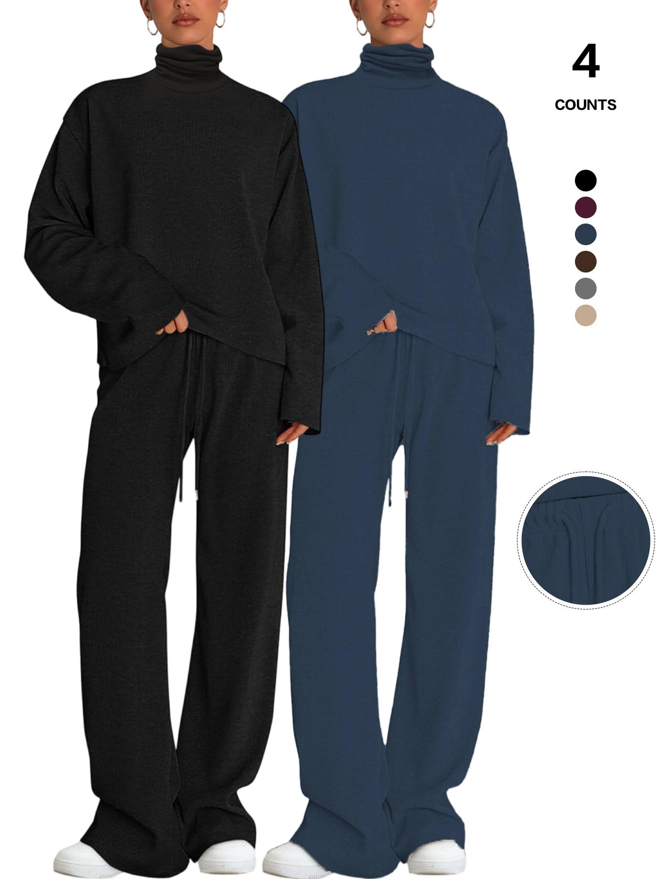 Women's 2 Piece Set Outfits Lounge Sets Ruched Short Sleeve Tops High Waisted Wide Leg Pants Tracksuit Sets, Elegant and casual high-round-neck long-sleeved basic two-piece set Casual Loungewear Set