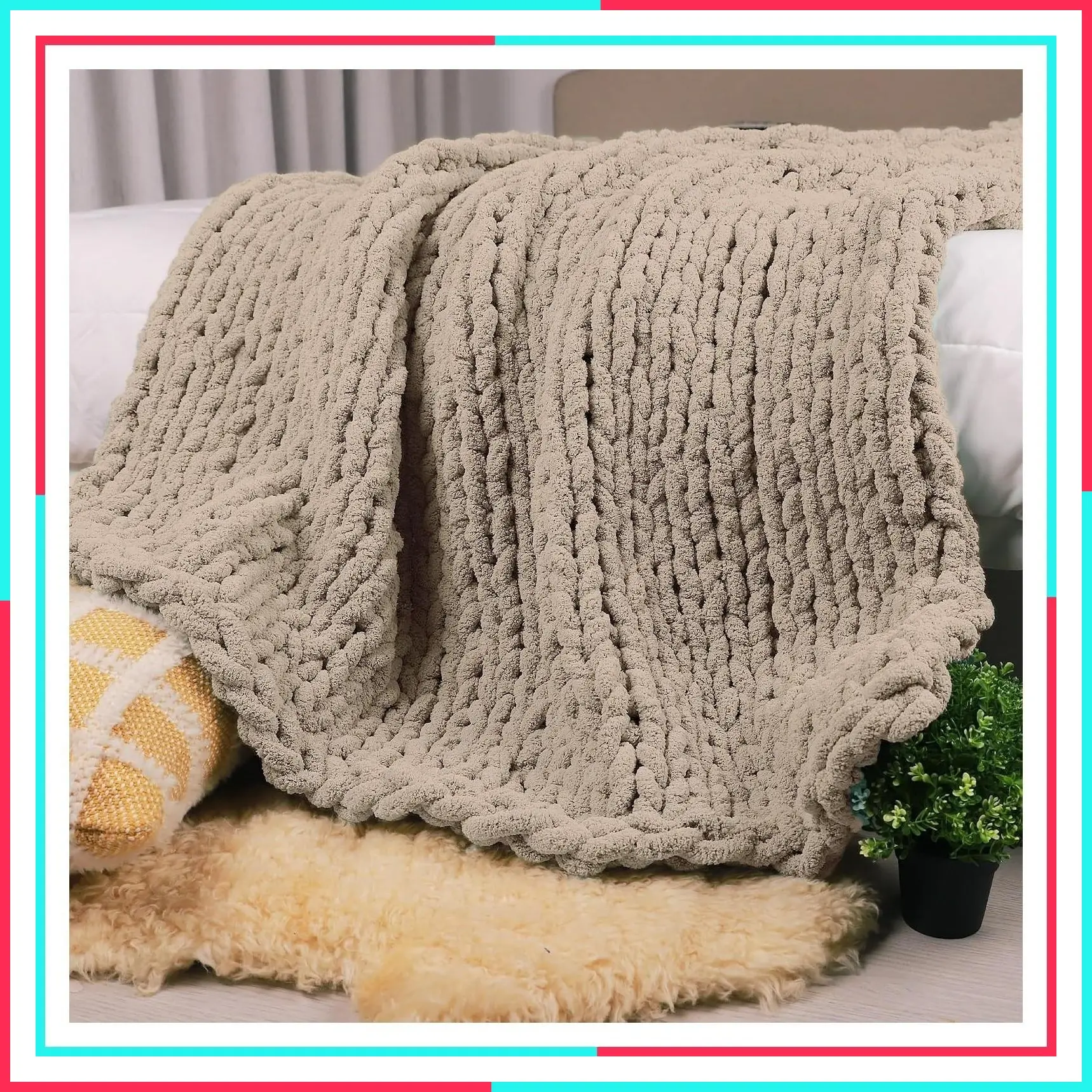 Chunky Knit Throw Blanket 50" x 60", 100% Handmade Taupe Soft Chenille Yarn, Thick Cozy Fluffy Cable Woven Blanket for Couch Sofa Bed, Machine Washable Home Decor