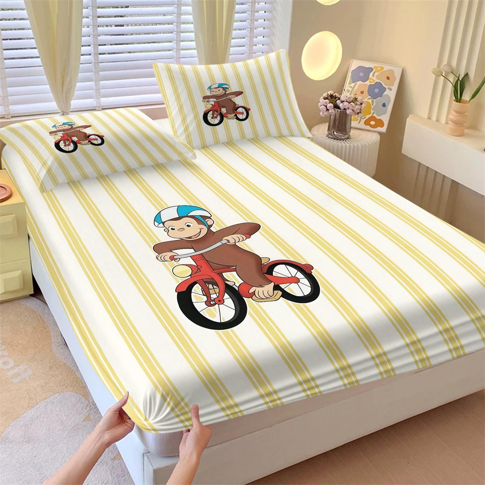 3 Piece Curious George Fitted Sheet Set, 1 Fitted Sheet + 2 Pillowcases, Cute Cartoon Monkey Biking Summer Adventure Bedding, Kids Bedroom Decor for Boys Girls Teens, Ideal Gift for Curious George Fans